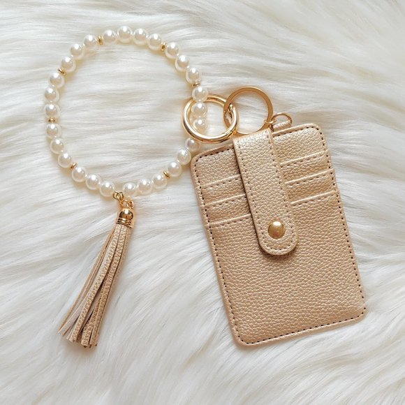 🚨 1 LEFT! Pearl Key Ring Bracelet Wallet w/ Tassel CHAMPAGNE - Picture 3 of 5